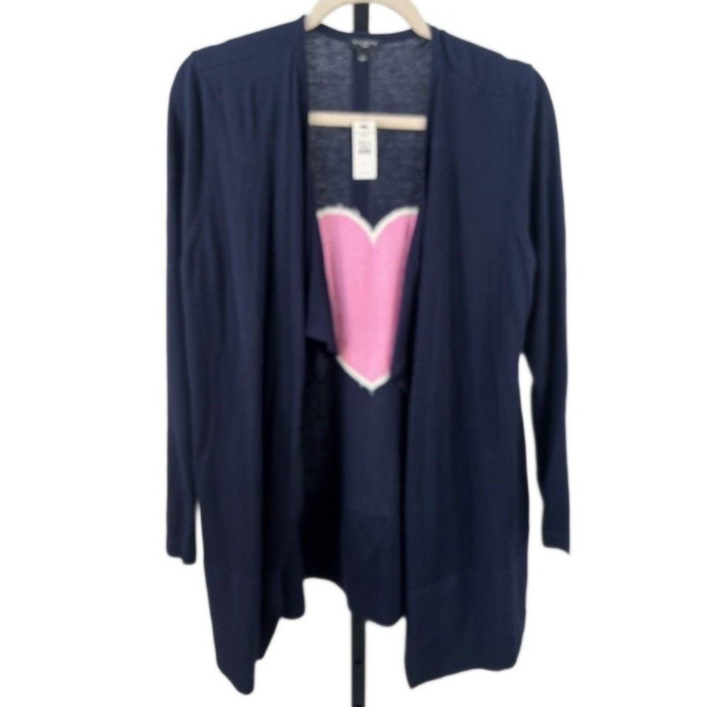 New Talbots Sweater‎ Women's Size X Navy Blue Open Front Cardigan Pink Heart